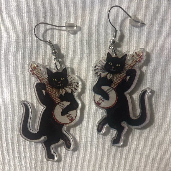 Banjo Cat Lucite Earrings Vintage Music Lover Gift Novelty Dangle Jewelry - Picture 5 of 5